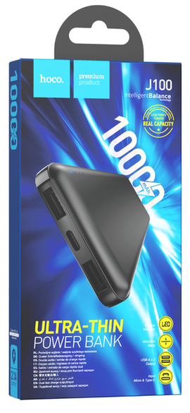 Hoco J100 Power Bank, Ultra Thin, USB A Output/Micro+Type-C Input, 10000mAH, BLACK