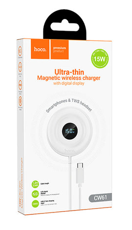 Hoco CW61 Ultra Thin Magnetic Fast Charger with Digital Display, WHITE