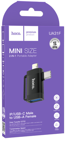 Hoco UA31F 2-In-1 Portable Adapter (iPhone/ Type-C Male to USB A Female), BLACK