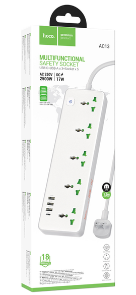 Hoco AC13 Power Strip, 5 Multifunctional Safety Sockets with 4 Cable Ports (Type-C+USB Ax3), WHITE