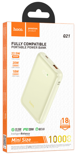 Hoco Q21 Power Bank with Digital Display, USB-A and Type-C Output,10000mAH, WHITE