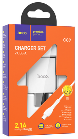 Hoco C89 Dual USB Port Charger Set for Micro, WHITE