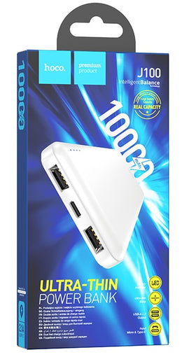 Hoco J100 Power Bank, Ultra Thin, USB A Output/Micro+Type-C Input, 10000mAH, WHITE