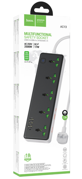 Hoco AC13 Power Strip, 5 Multifunctional Safety Sockets with 4 Cable Ports (Type-C+USB Ax3), BLACK