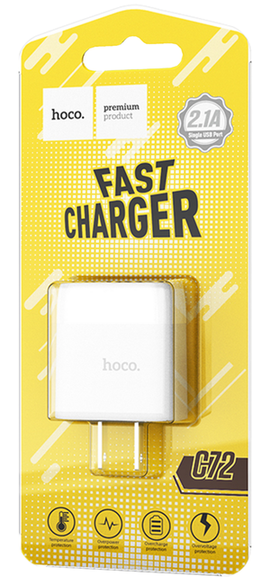 Hoco C72 Glorious Single Port USB-A Fast Charger Block, WHITE