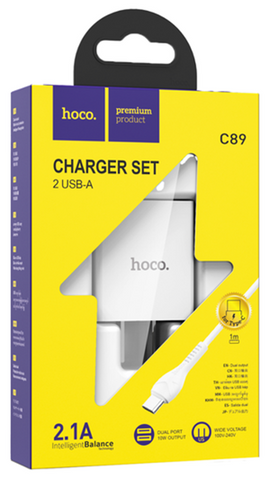 Hoco C89 Dual USB Port Charger Set for Type-C, WHITE