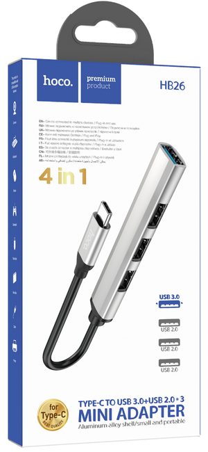 Hoco HB26 4-in-1 Mini Hub Adapter (Type-C To USB 3.0+USB 2.0*3), SILVE ...
