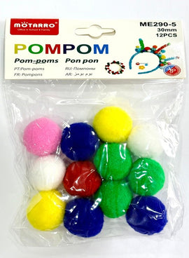 Pom Pom Balls, Assorted Bright Colours, Large, 30mm, 12pc
