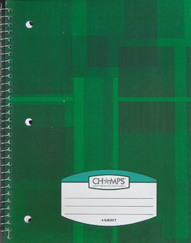 Champs Spiral Flexible Cover Notebook, 4 Subject, 8'x10.5', Thick Pages, 200pgs, Assorted Colours