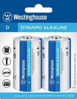 Westinghouse Battery, Alkaline, D, 2 Pack