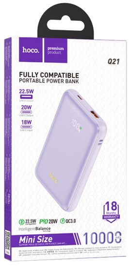 Hoco Q21 Power Bank with Digital Display, USB-A and Type-C Output,10000mAH, PURPLE