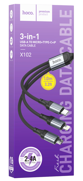 Hoco X102 Fresh 3-In-1 Braided Charging Cable (iPhone+Micro+ Type-C), BLACK