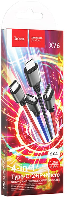Hoco X76 4-in-1 Super charging cable(Type-C+Type-C+iP+Micro), BLACK/RED/BLUE