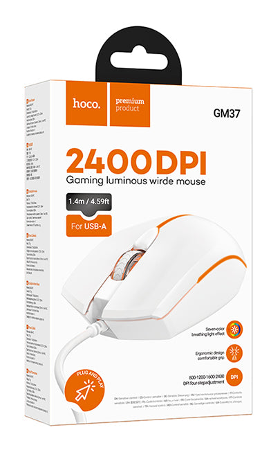 Hoco GM37 Luminous Gaming Wired Mouse, WHITE - Charrans.com