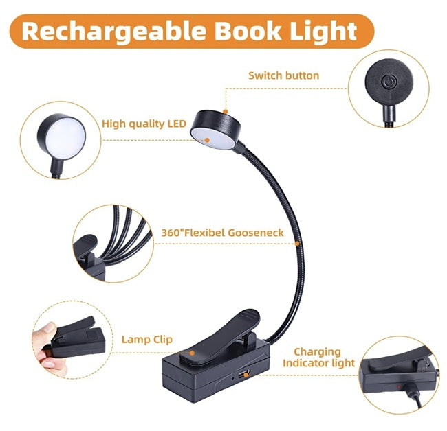 Rechargeable Clip On Reading Book Light, Black - Charrans.com