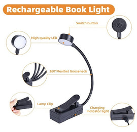Rechargeable Clip On Reading Book Light, Black