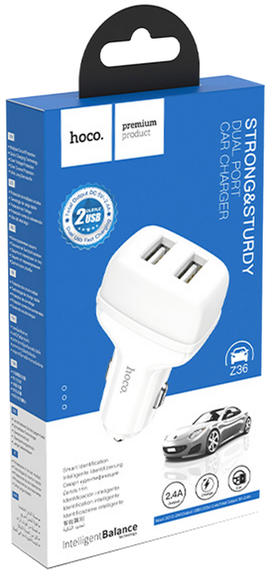 Hoco Z36 Dual Port Car Charger, WHITE