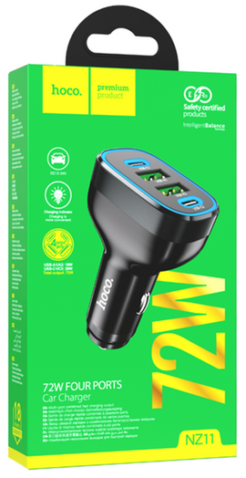 Hoco NZ11 Four Ports Car Charger, BLACK