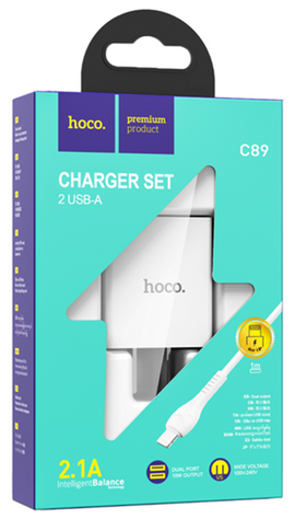 Hoco C89 Dual USB Port Charger Set for iPhone, WHITE