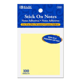 BAZIC Yellow Stick On Notes, 3" X 3", 100 Ct. single pack