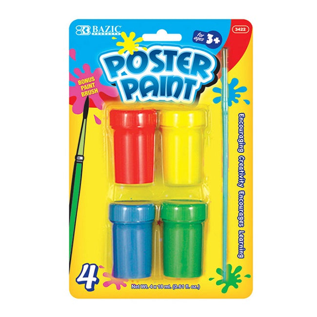 BAZIC, Poster Paints with Brush, 4 Color, 18ml