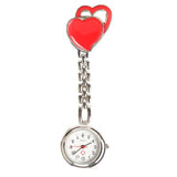 RED Nurses Pocket Watch, Stainless Steel Quartz with Clip, HEART PATTERN