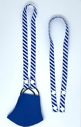 Face Mask Lanyard, Button Secure, BLUE AND WHITE STRIPE