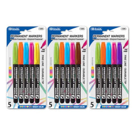 BAZIC Bright Colors Fine Tip Permanent Markers with Pocket Clip (5/Pack)