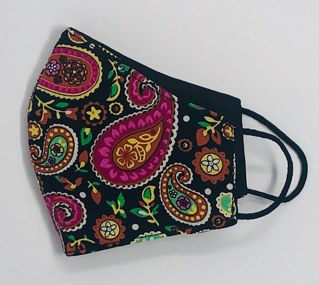 Adult Face Mask, Fabric, Contoured, BLACK & PINK PAISLEY
