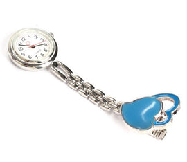 BABY BLUE Nurses Pocket Watch, Stainless Steel Quartz with Clip, HEART PATTERN