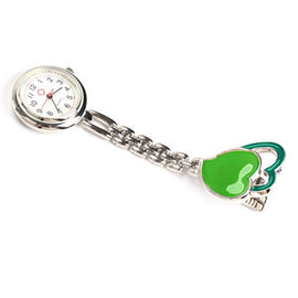 GREEN Nurses Pocket Watch, Stainless Steel Quartz with Clip, HEART PATTERN