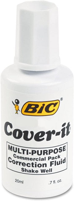 Bic Cover -it Correction Fluid, Brush Applicator, White, 20ml