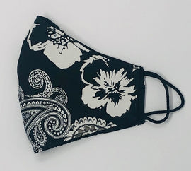 Adult Face Mask, Fabric, Contoured, BLACK & WHITE PAISLEY