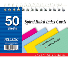 BAZIC, Index Card, Ruled Colored, Spiral Bound, 3" X 5", 50 count