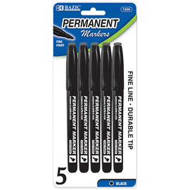 BAZIC, Permanent Markers, Black Fine Tip with Pocket Clip, 5count