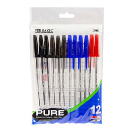 BAZIC Pure Assorted Color Stick Ballpoint Pens, 12ct