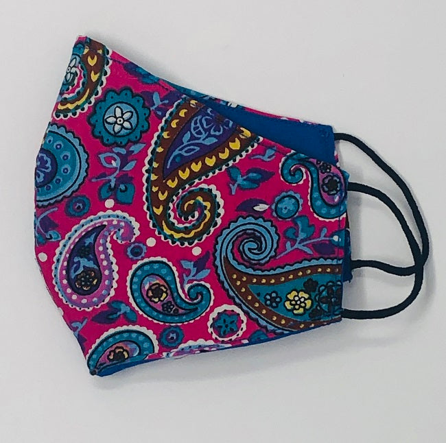 Adult Face Mask, Fabric, Contoured, PINK & BLUE PAISLEY