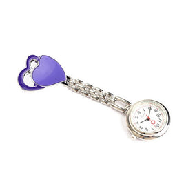 PURPLE Nurses Pocket Watch, Stainless Steel Quartz with Clip, HEART PATTERN