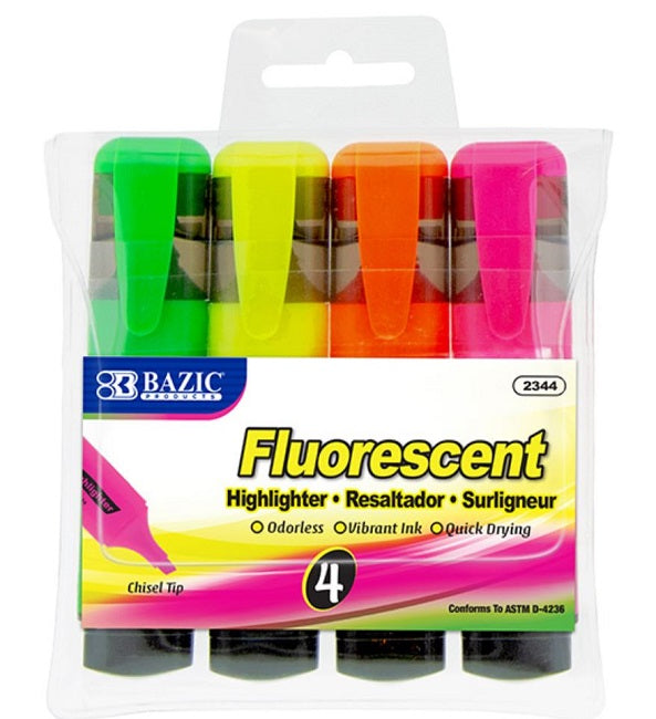 BAZIC, Fluorescent Highlighter with Pocket Clip, 4count