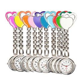 WHITE Nurses Pocket Watch, Stainless Steel Quartz with Clip, Assorted Colours, HEART PATTERN