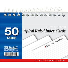 BAZIC, Index Card, Ruled White, Spiral Bound 3" X 5", 50count