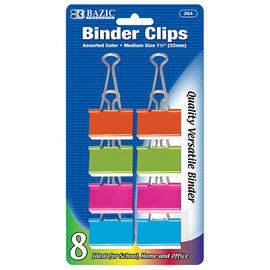 BAZIC, Binder Clip Medium, 1 1/4" 32mm, Assorted Colors, 8count