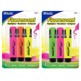 BAZIC Fluorescent Highlighter w/ Pocket Clip (3/Pack)