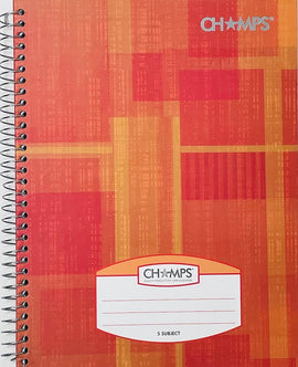 Champs, Spiral Hardcover Notebook, 5 Subject, 8'x10', Assorted Colours
